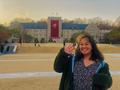 thumbnail view of Bearkat Pride - Melrose Sturgis - South Korea - Spring 2020 - Last Day at KU - Standing in front of Korea University Main Entrance