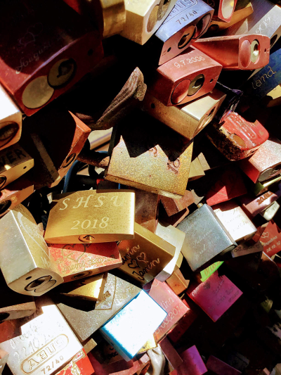 thumbnail view of Bearkat Pride - Marian Franks - Germany - Summer 2018 - SHSU padlock on Hohenzollern Bridge - SHSU padlock on Hohenzollern Bridge over Rhine River